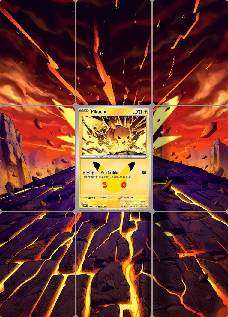 Pikachu 24/128 extended binder art: the card in the centre of a 3×3 binder page, its artwork continuing across the eight cards around it