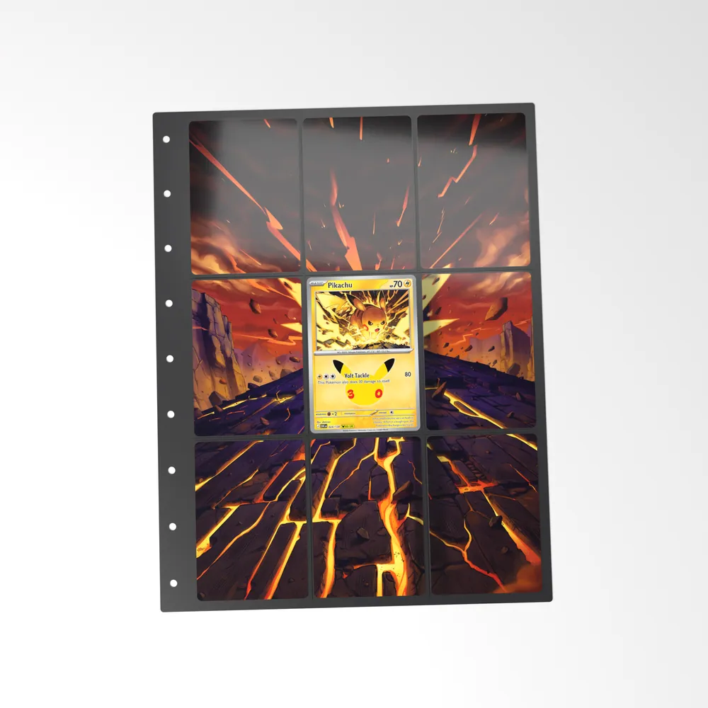 The printed Pikachu 24/128 set in a 9-pocket binder page, with the card in the centre pocket