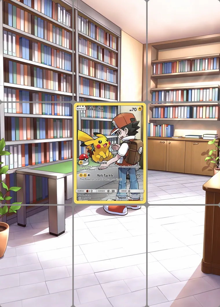 Pikachu 241 extended binder art: the card in the centre of a 3×3 binder page, its artwork continuing across the eight cards around it
