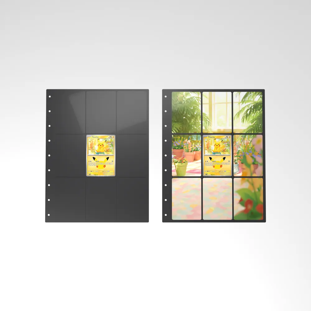 Before and after: the Pikachu card alone in an empty binder page, then surrounded by its eight extended-art cards