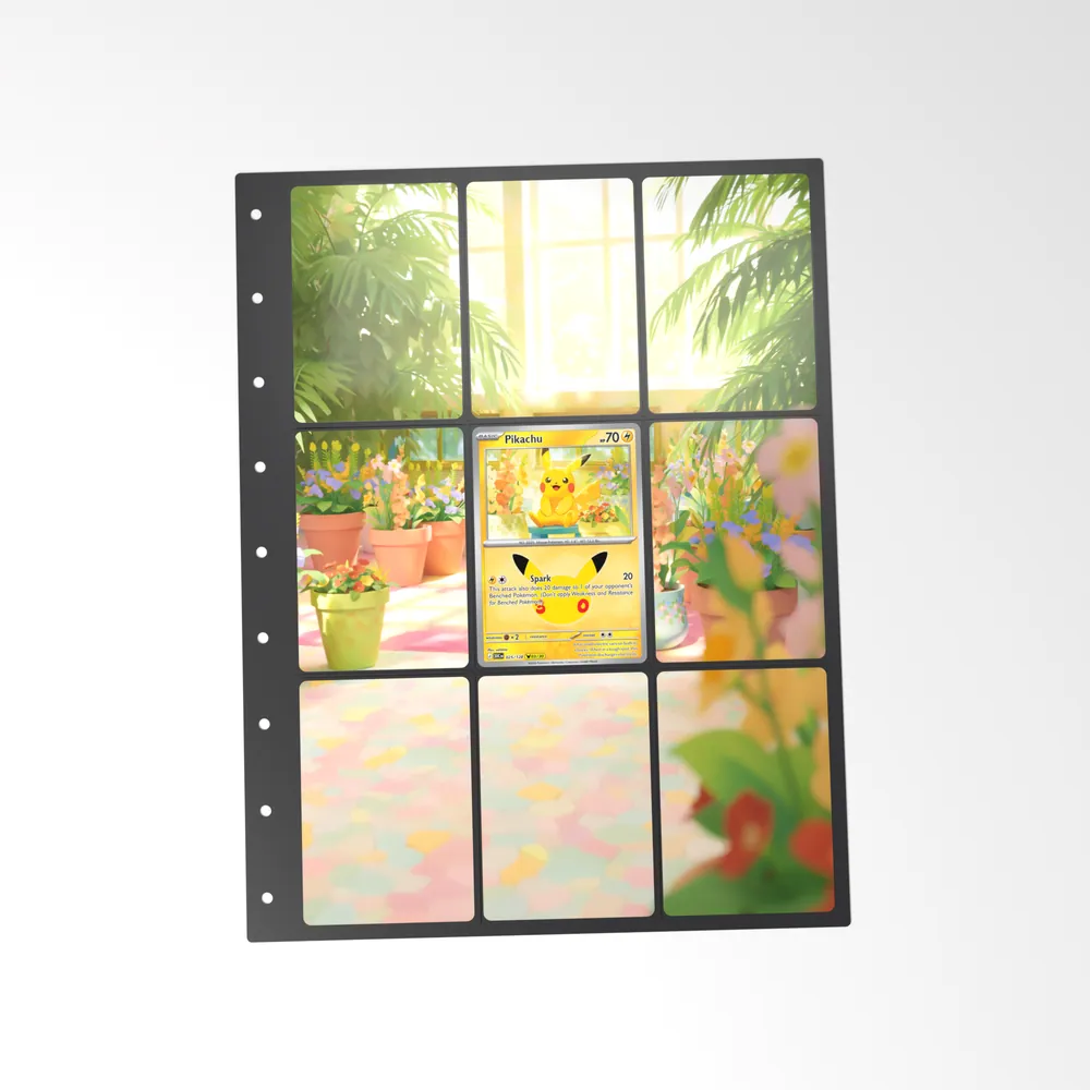 The printed Pikachu 25/128 set in a 9-pocket binder page, with the card in the centre pocket