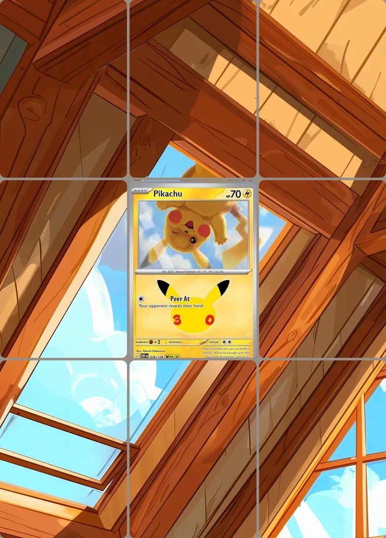 Pikachu 26/128 extended binder art: the card in the centre of a 3×3 binder page, its artwork continuing across the eight cards around it