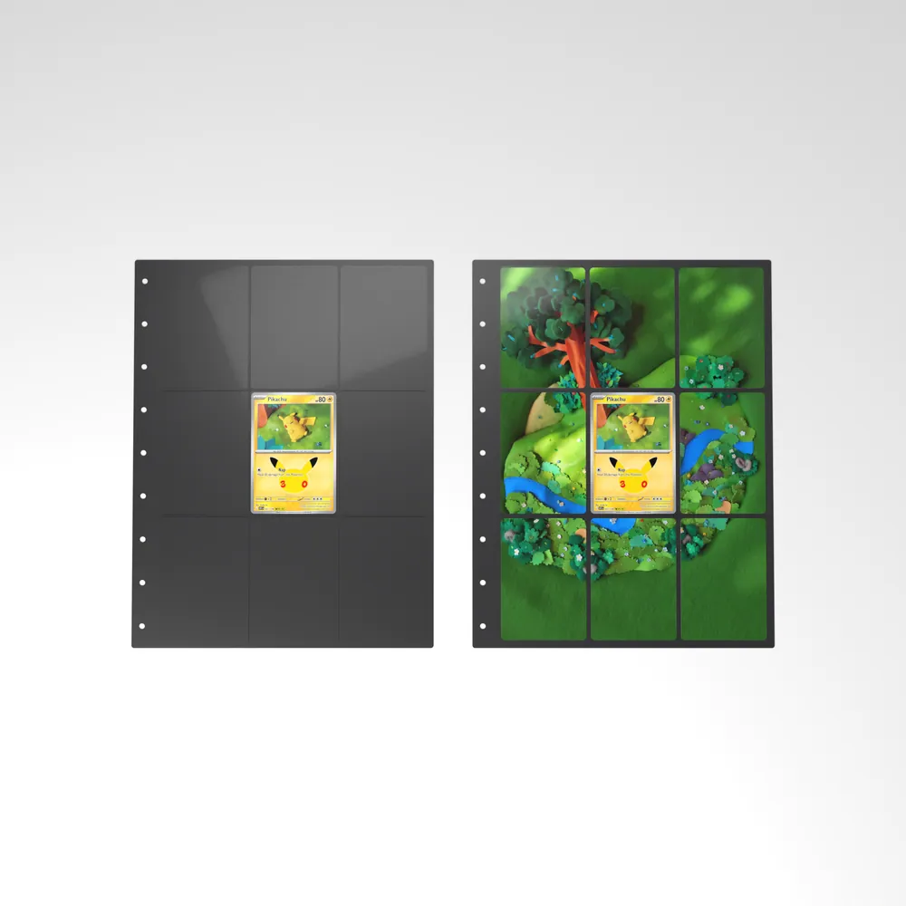 Before and after: the Pikachu card alone in an empty binder page, then surrounded by its eight extended-art cards