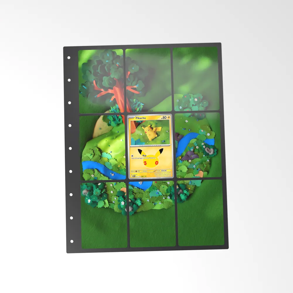 The printed Pikachu 27/128 set in a 9-pocket binder page, with the card in the centre pocket