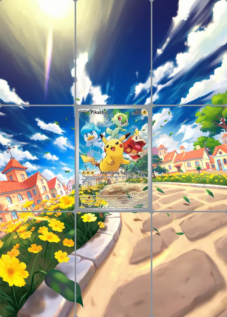 Pikachu 27/215 extended binder art: the card in the centre of a 3×3 binder page, its artwork continuing across the eight cards around it