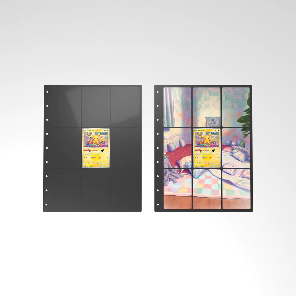 Before and after: the Pikachu card alone in an empty binder page, then surrounded by its eight extended-art cards
