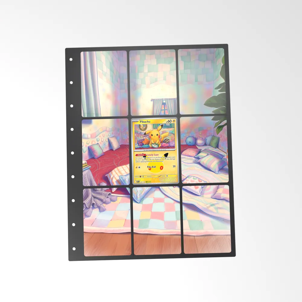 The printed Pikachu 28/128 set in a 9-pocket binder page, with the card in the centre pocket