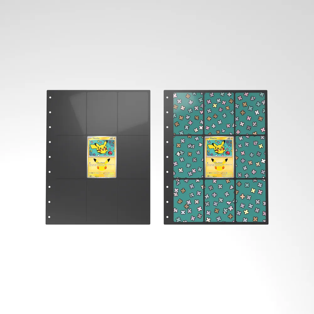Before and after: the Pikachu card alone in an empty binder page, then surrounded by its eight extended-art cards