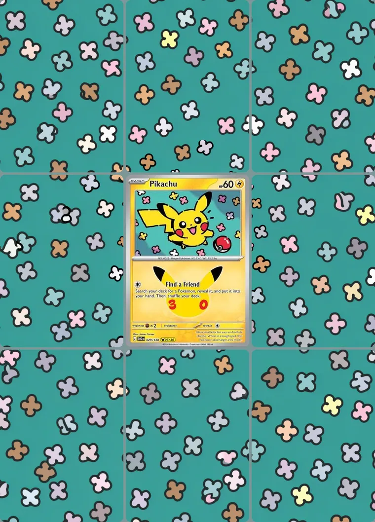 Pikachu 29/128 extended binder art: the card in the centre of a 3×3 binder page, its artwork continuing across the eight cards around it