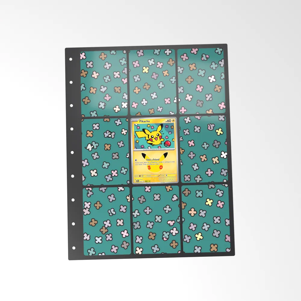The printed Pikachu 29/128 set in a 9-pocket binder page, with the card in the centre pocket