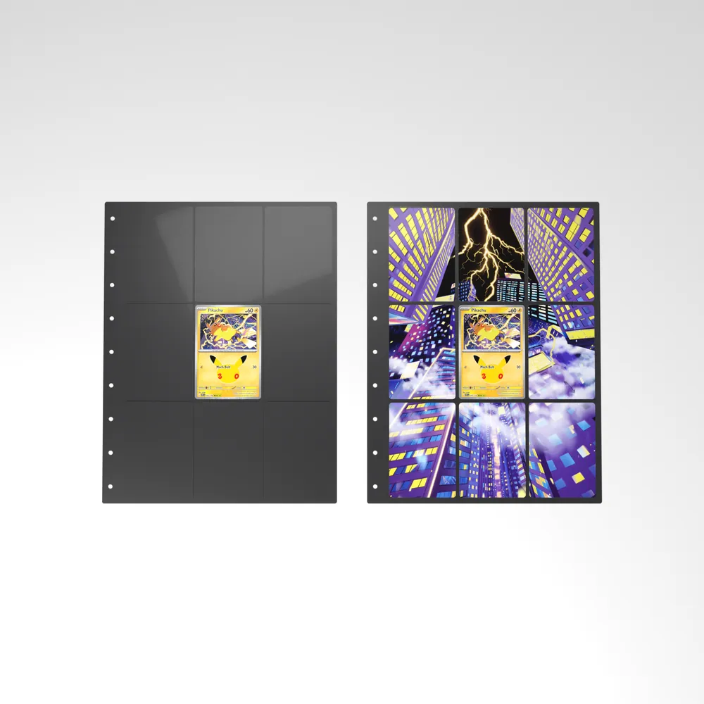 Before and after: the Pikachu card alone in an empty binder page, then surrounded by its eight extended-art cards