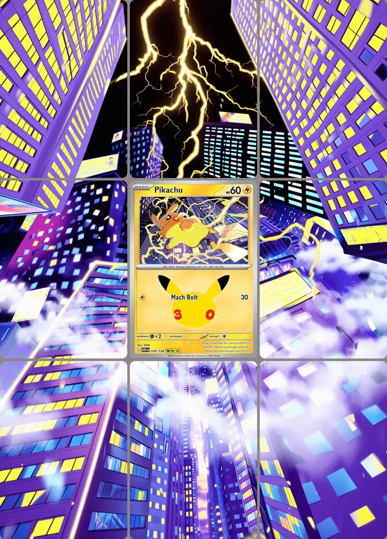 Pikachu 30/128 extended binder art: the card in the centre of a 3×3 binder page, its artwork continuing across the eight cards around it