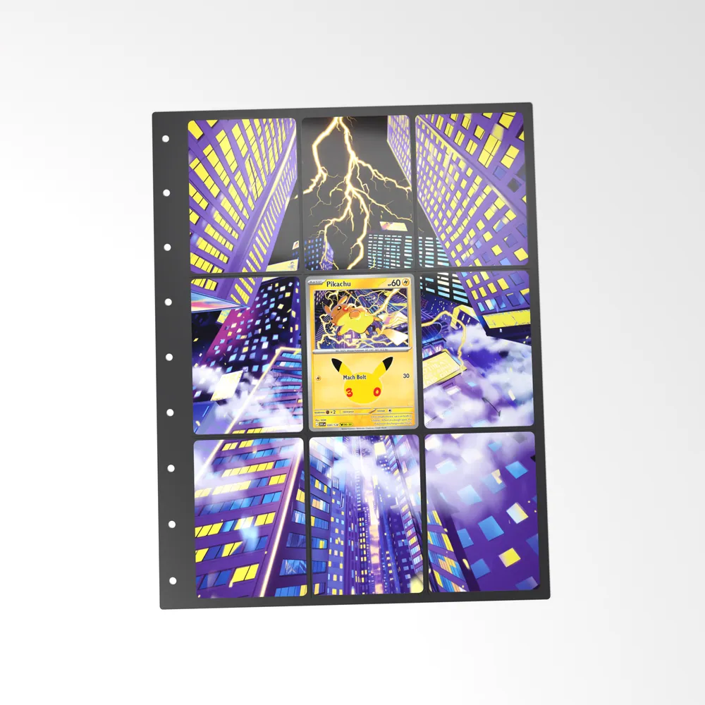 The printed Pikachu 30/128 set in a 9-pocket binder page, with the card in the centre pocket
