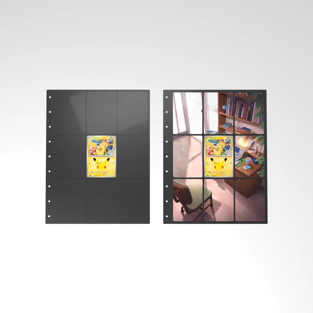 Before and after: the Pikachu card alone in an empty binder page, then surrounded by its eight extended-art cards
