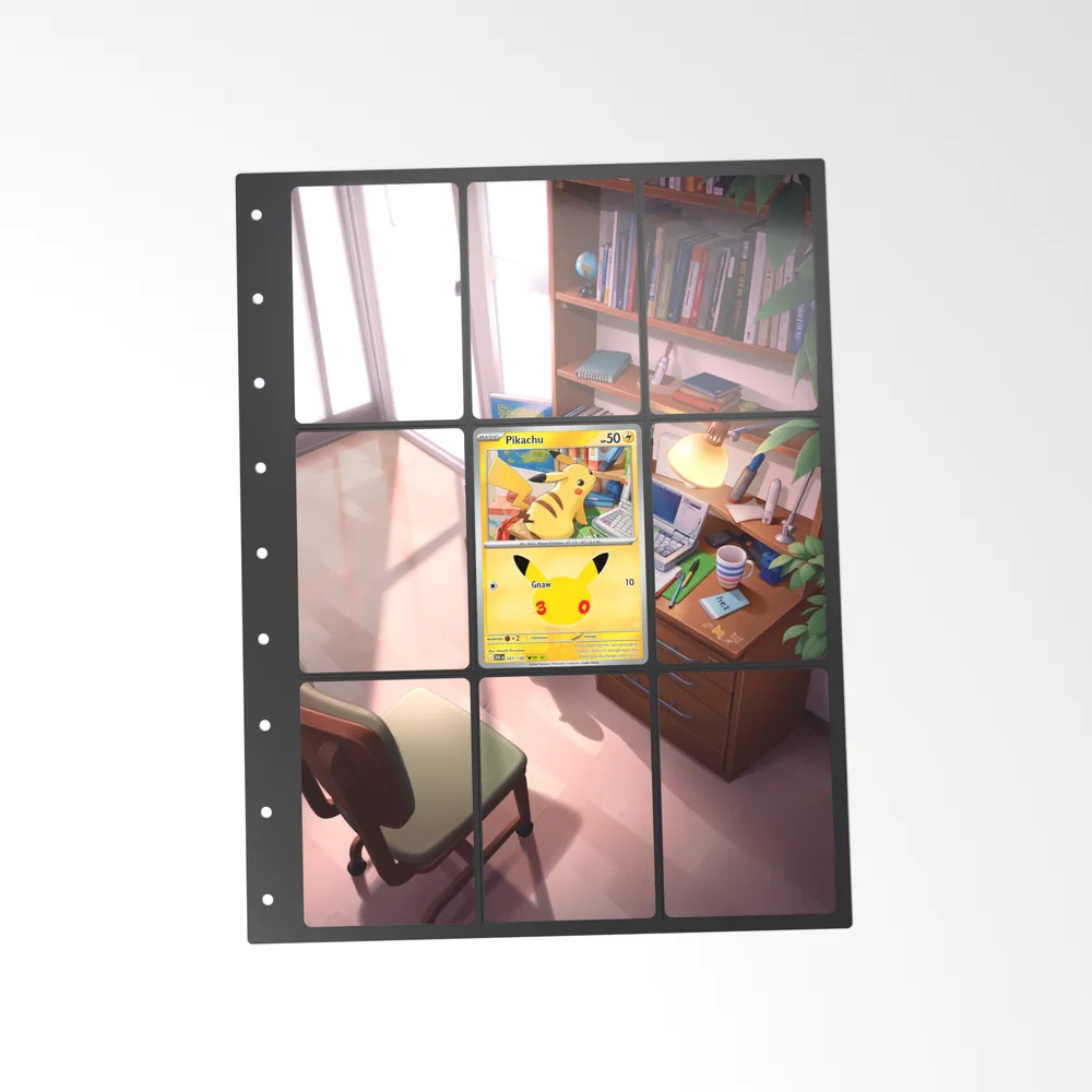 The printed Pikachu 31/128 set in a 9-pocket binder page, with the card in the centre pocket
