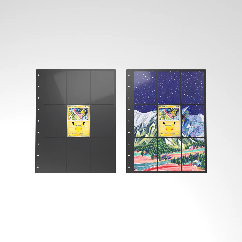 Before and after: the Pikachu card alone in an empty binder page, then surrounded by its eight extended-art cards