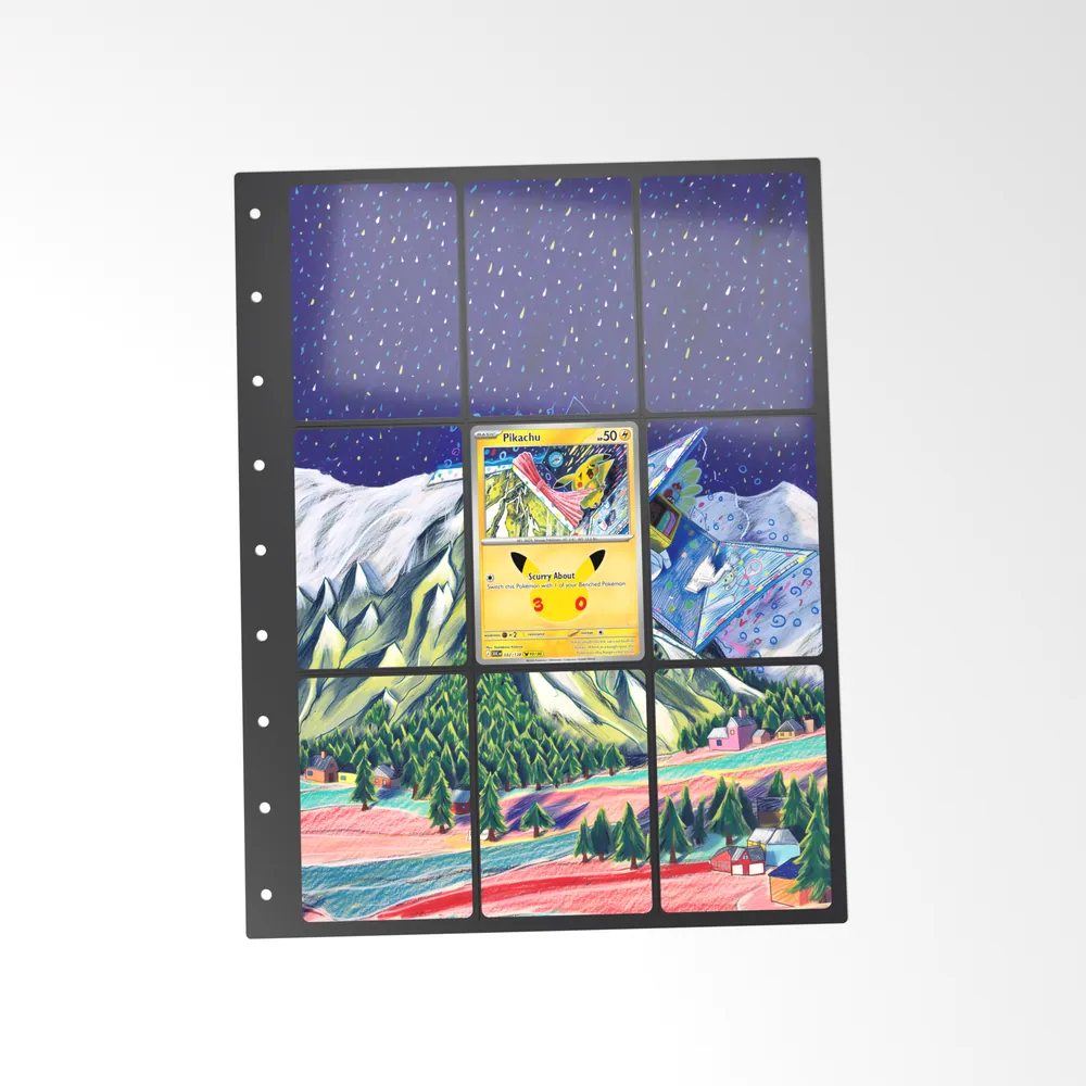 The printed Pikachu 32/128 set in a 9-pocket binder page, with the card in the centre pocket