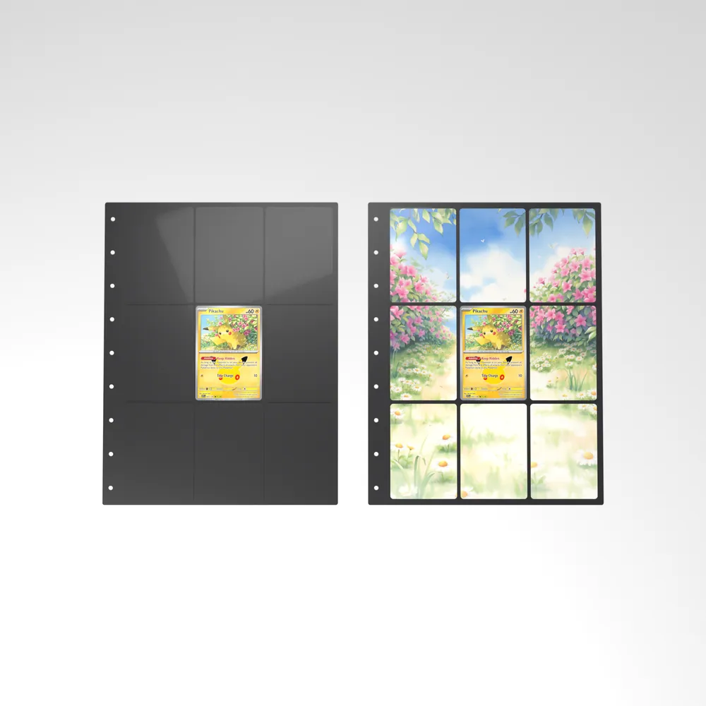Before and after: the Pikachu card alone in an empty binder page, then surrounded by its eight extended-art cards