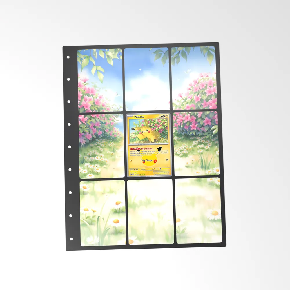 The printed Pikachu 33/128 set in a 9-pocket binder page, with the card in the centre pocket
