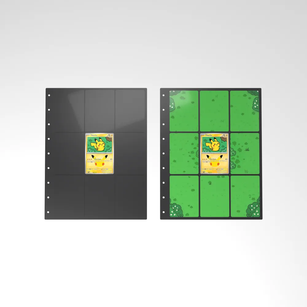 Before and after: the Pikachu card alone in an empty binder page, then surrounded by its eight extended-art cards