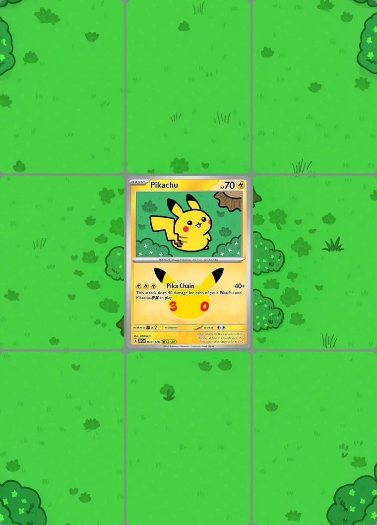 Pikachu 34/128 extended binder art: the card in the centre of a 3×3 binder page, its artwork continuing across the eight cards around it