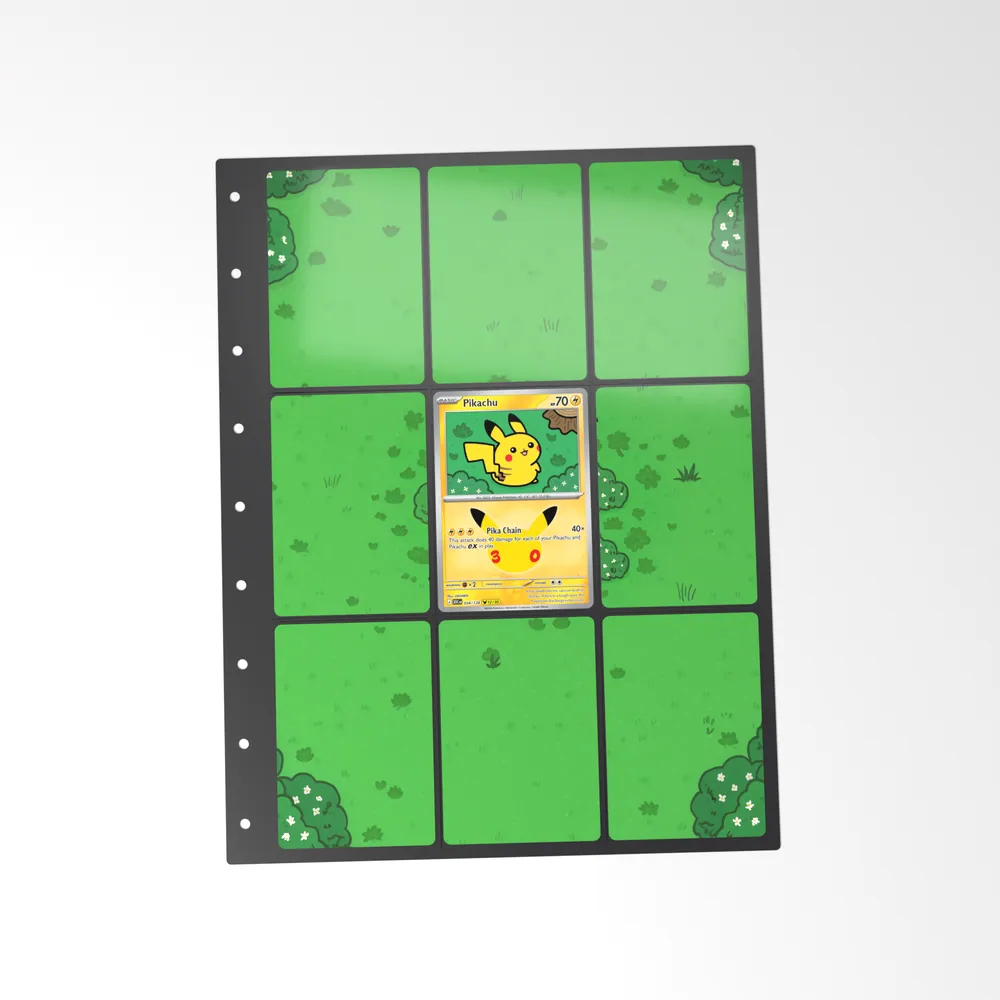 The printed Pikachu 34/128 set in a 9-pocket binder page, with the card in the centre pocket