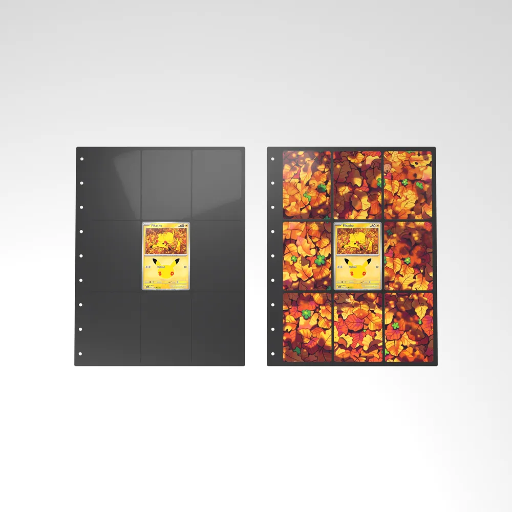 Before and after: the Pikachu card alone in an empty binder page, then surrounded by its eight extended-art cards