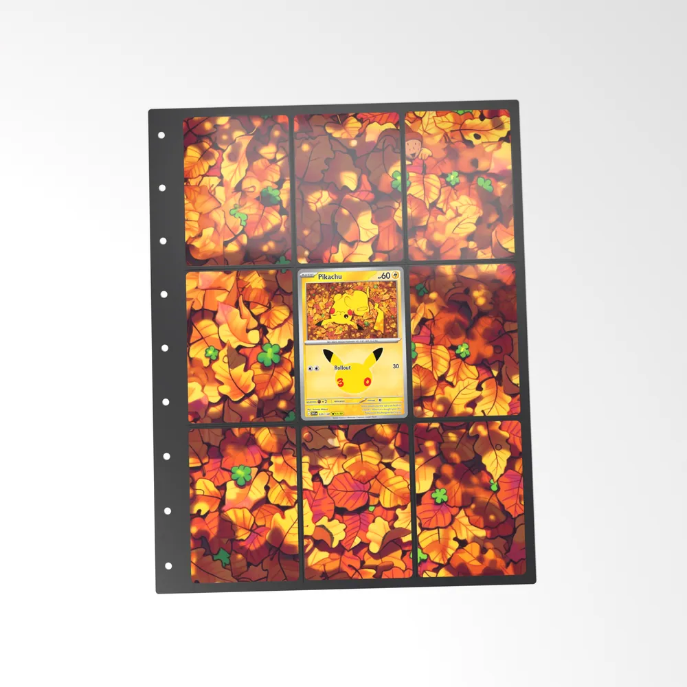 The printed Pikachu 35/128 set in a 9-pocket binder page, with the card in the centre pocket