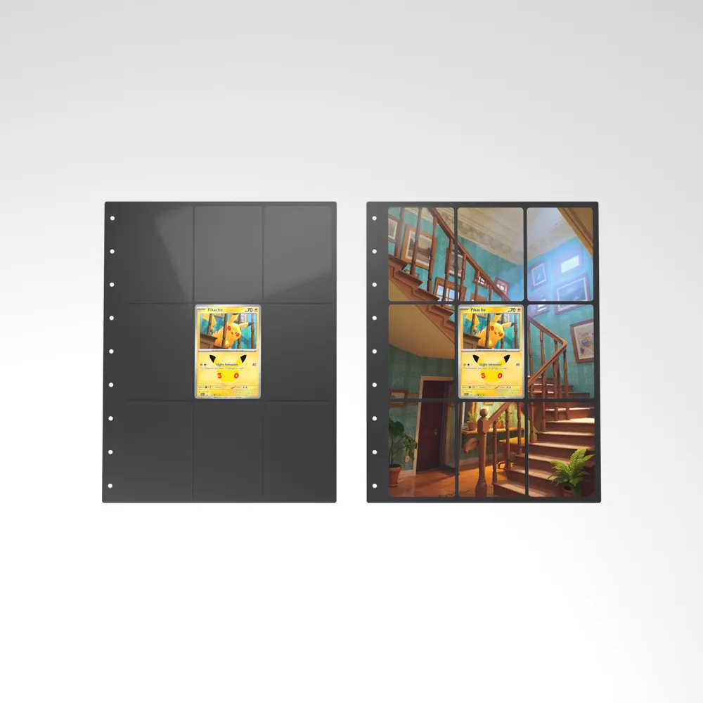 Before and after: the Pikachu card alone in an empty binder page, then surrounded by its eight extended-art cards
