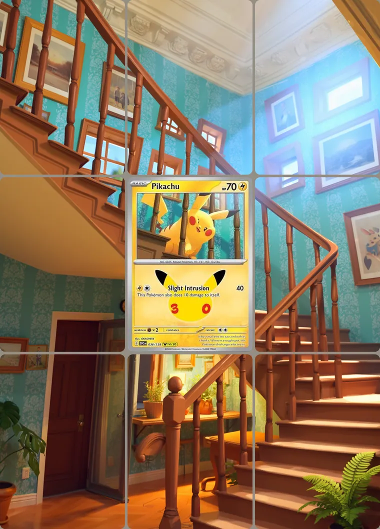 Pikachu 36/128 extended binder art: the card in the centre of a 3×3 binder page, its artwork continuing across the eight cards around it