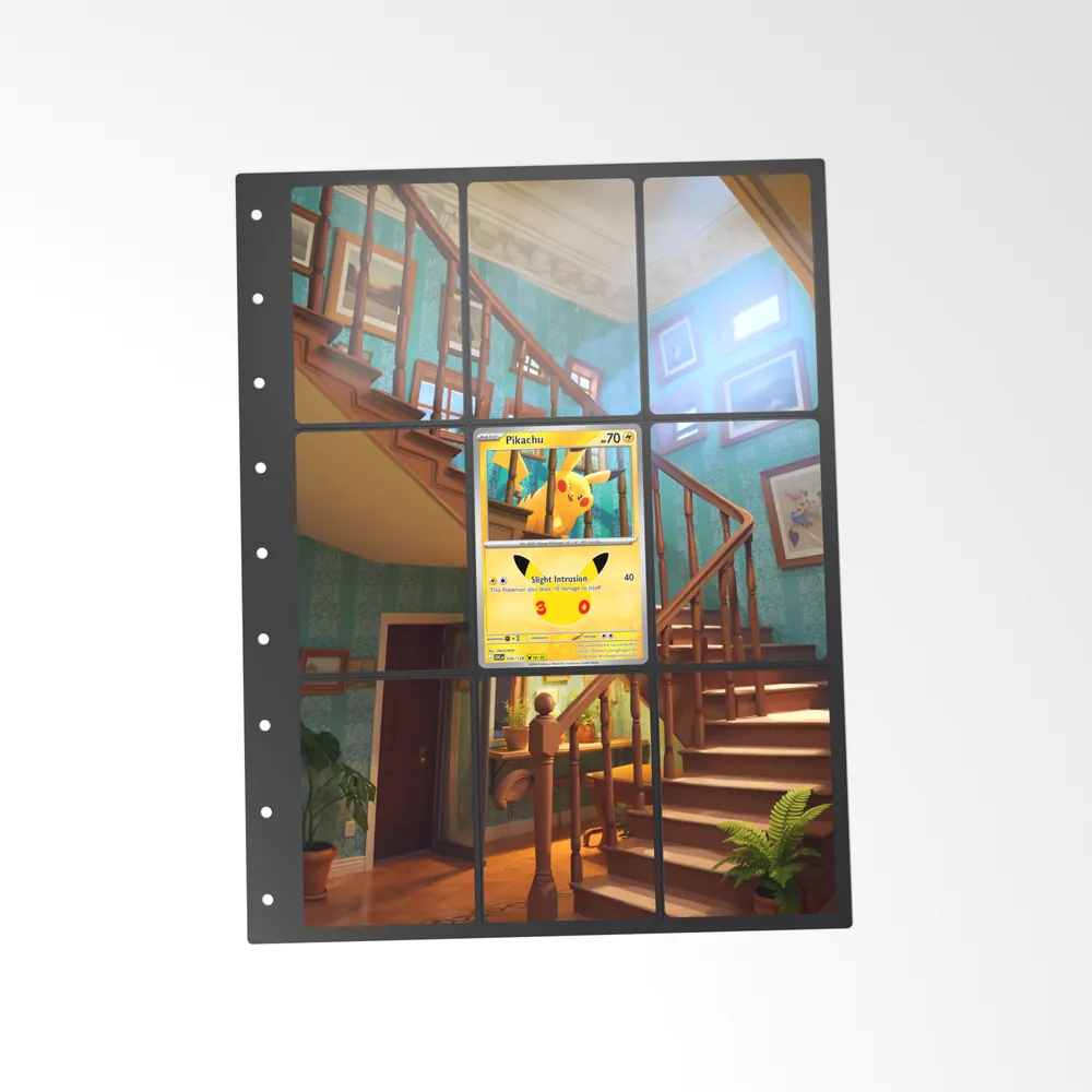 The printed Pikachu 36/128 set in a 9-pocket binder page, with the card in the centre pocket