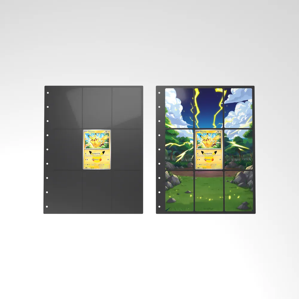 Before and after: the Pikachu card alone in an empty binder page, then surrounded by its eight extended-art cards