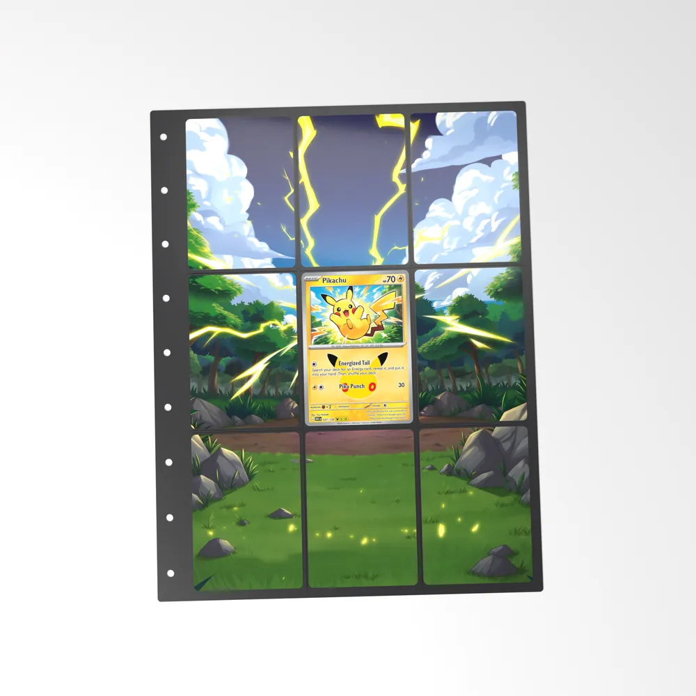 The printed Pikachu 37/128 set in a 9-pocket binder page, with the card in the centre pocket