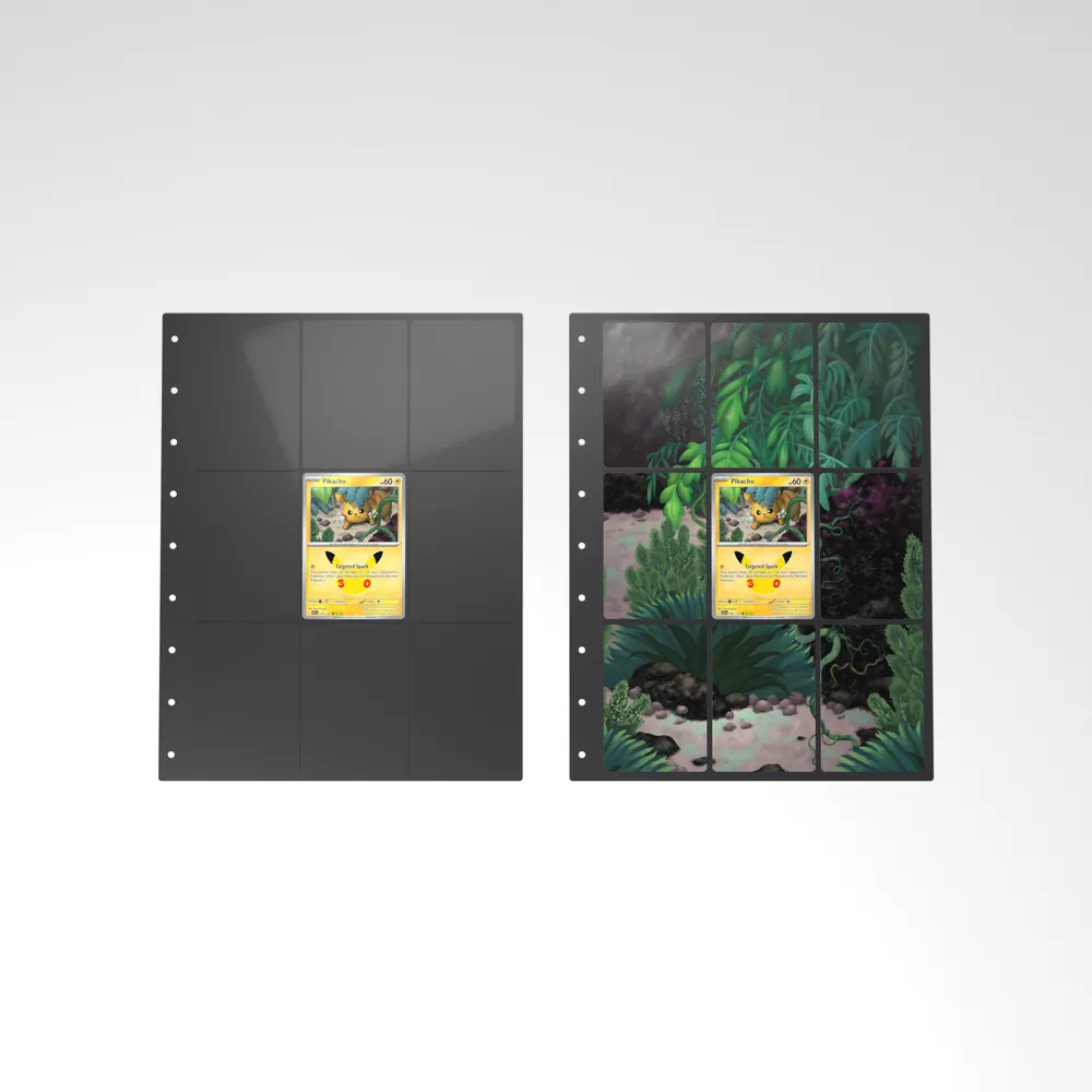 Before and after: the Pikachu card alone in an empty binder page, then surrounded by its eight extended-art cards
