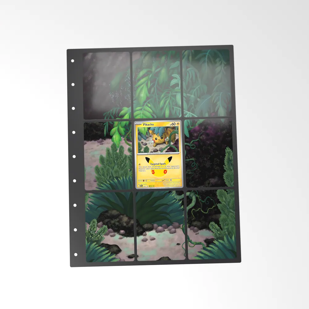The printed Pikachu 38/128 set in a 9-pocket binder page, with the card in the centre pocket