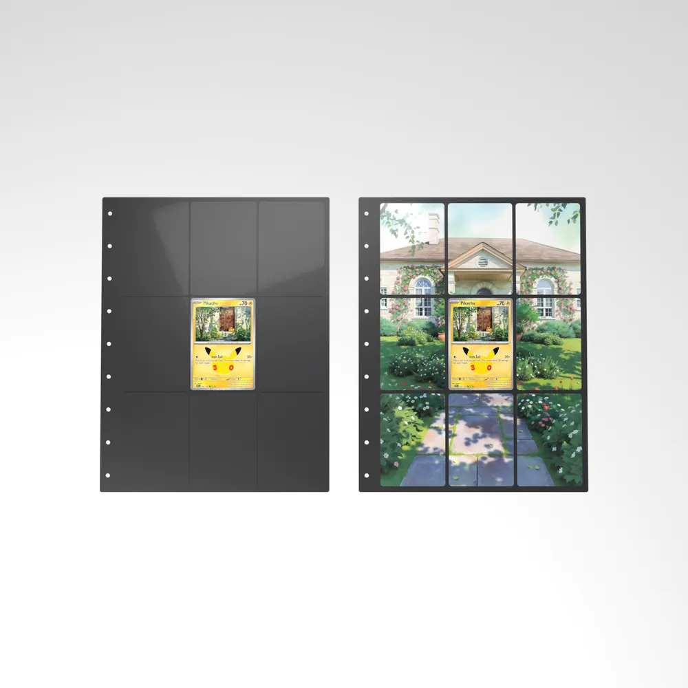 Before and after: the Pikachu card alone in an empty binder page, then surrounded by its eight extended-art cards