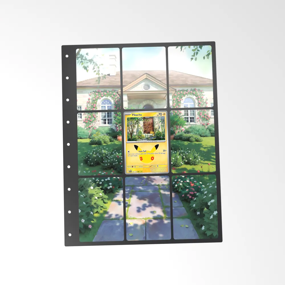 The printed Pikachu 39/128 set in a 9-pocket binder page, with the card in the centre pocket