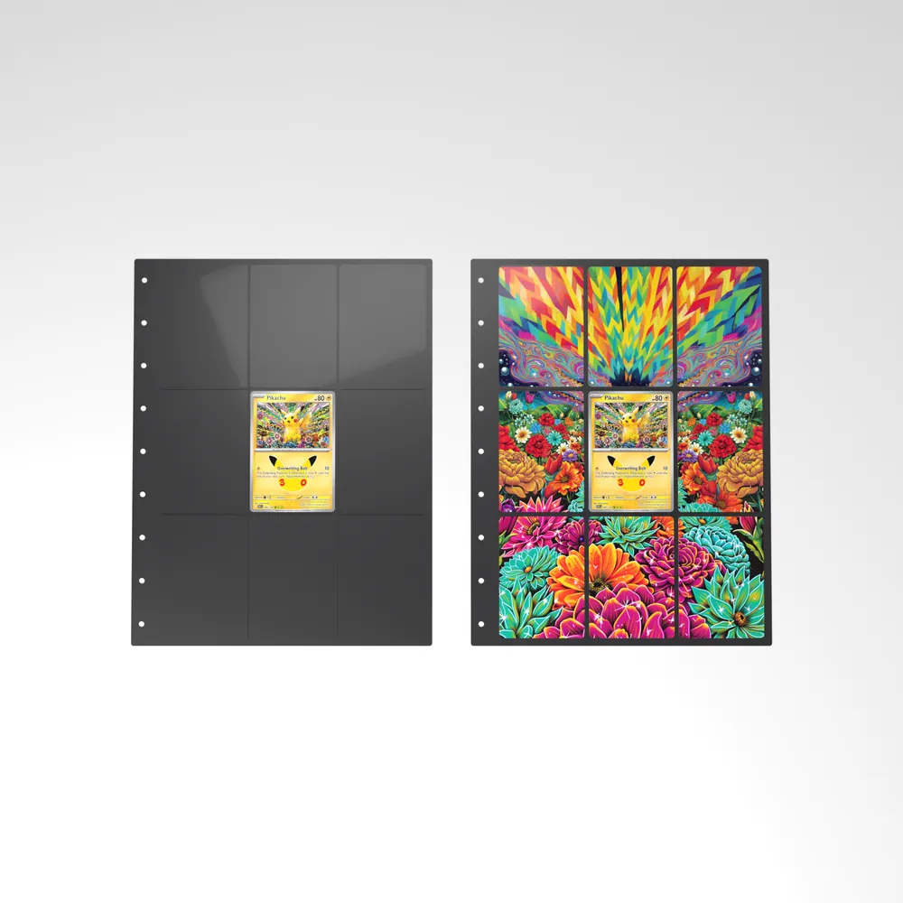 Before and after: the Pikachu card alone in an empty binder page, then surrounded by its eight extended-art cards