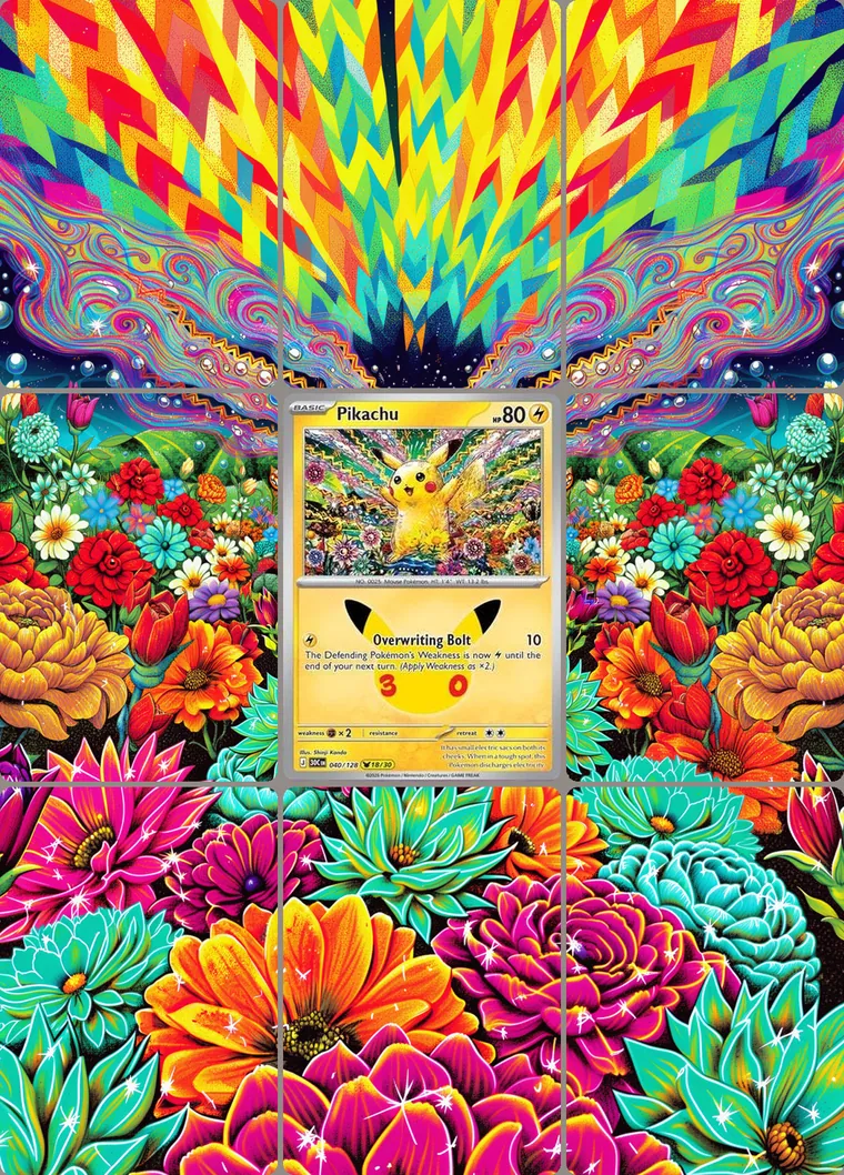 Pikachu 40/128 extended binder art: the card in the centre of a 3×3 binder page, its artwork continuing across the eight cards around it