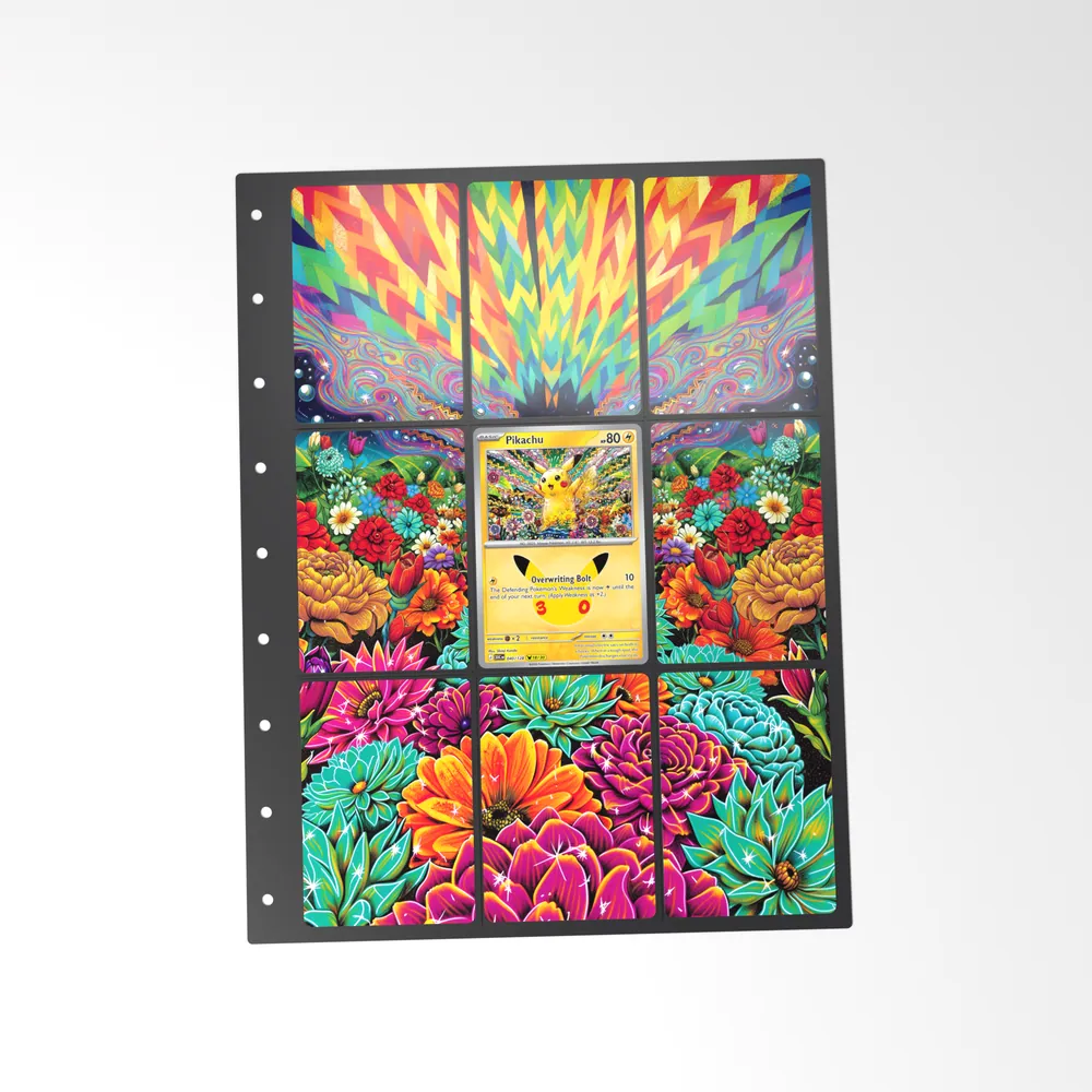 The printed Pikachu 40/128 set in a 9-pocket binder page, with the card in the centre pocket