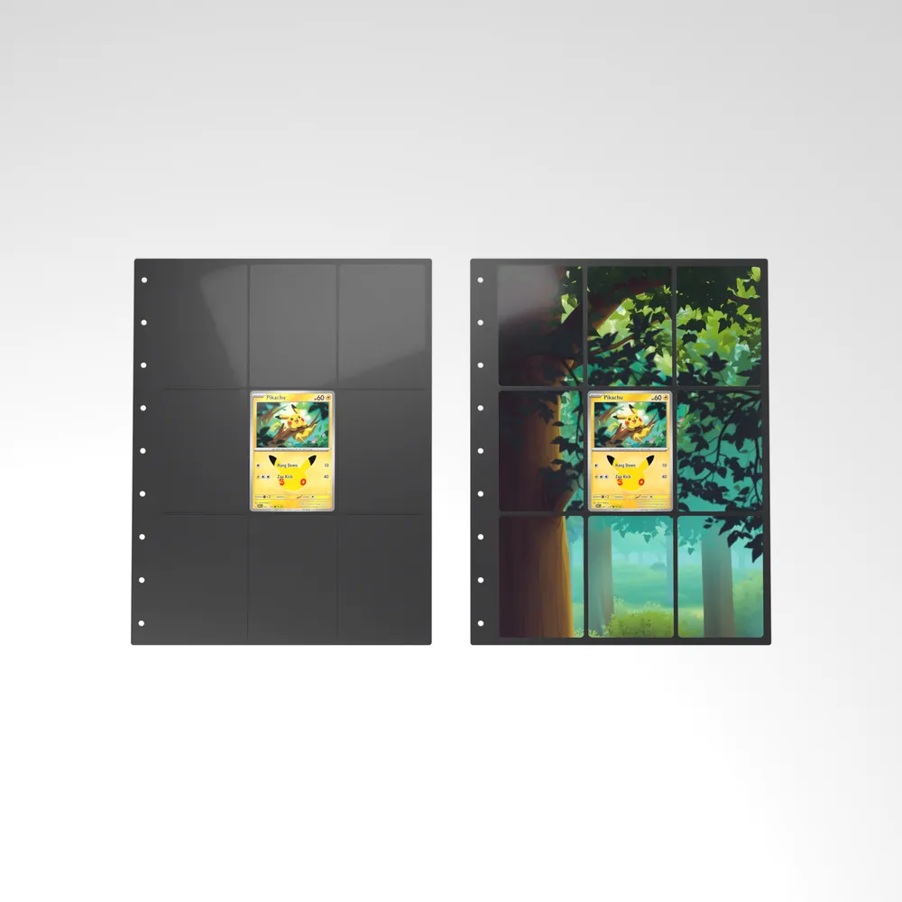 Before and after: the Pikachu card alone in an empty binder page, then surrounded by its eight extended-art cards