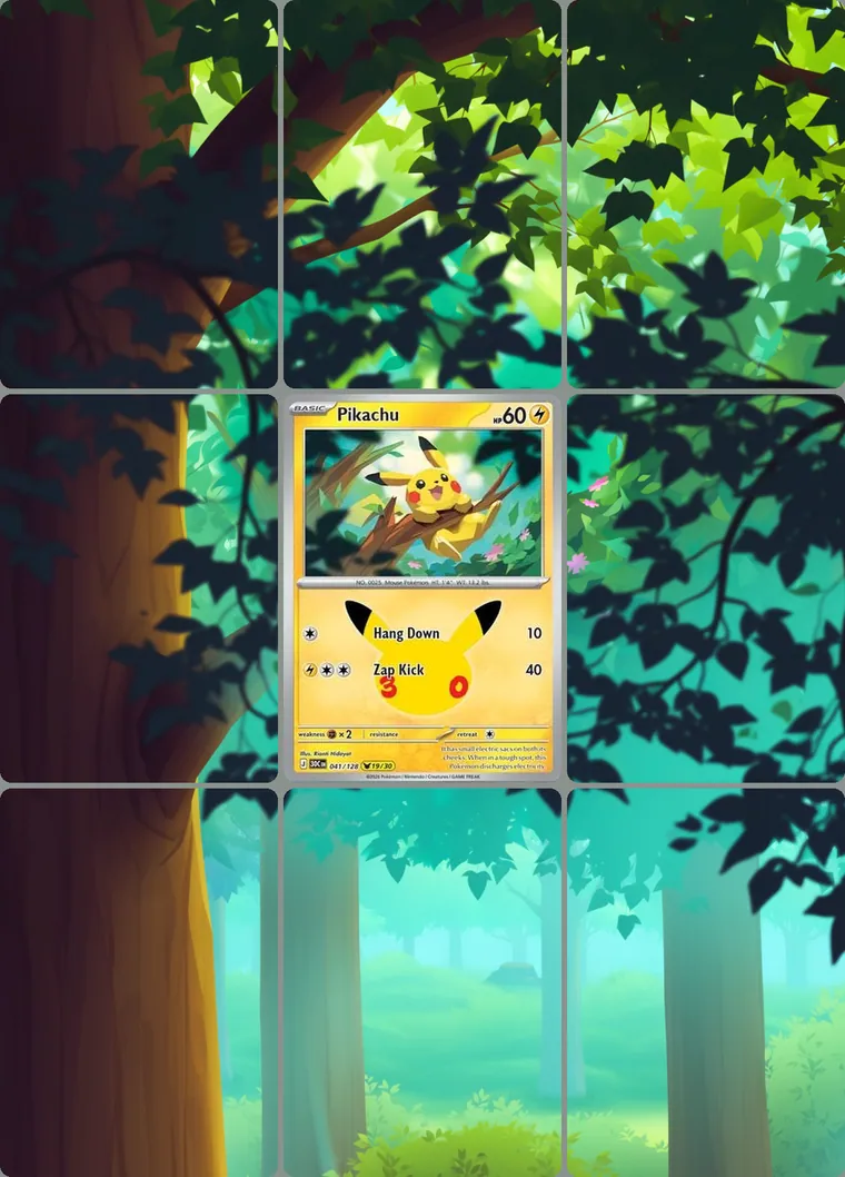 Pikachu 41/128 extended binder art: the card in the centre of a 3×3 binder page, its artwork continuing across the eight cards around it