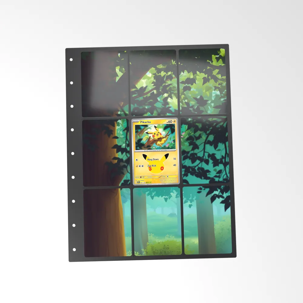 The printed Pikachu 41/128 set in a 9-pocket binder page, with the card in the centre pocket