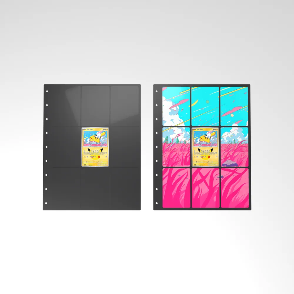 Before and after: the Pikachu card alone in an empty binder page, then surrounded by its eight extended-art cards