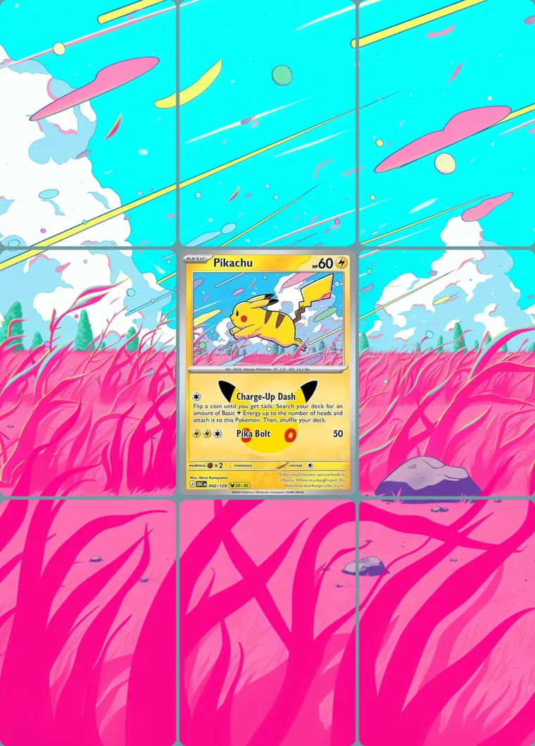 Pikachu 42/128 extended binder art: the card in the centre of a 3×3 binder page, its artwork continuing across the eight cards around it