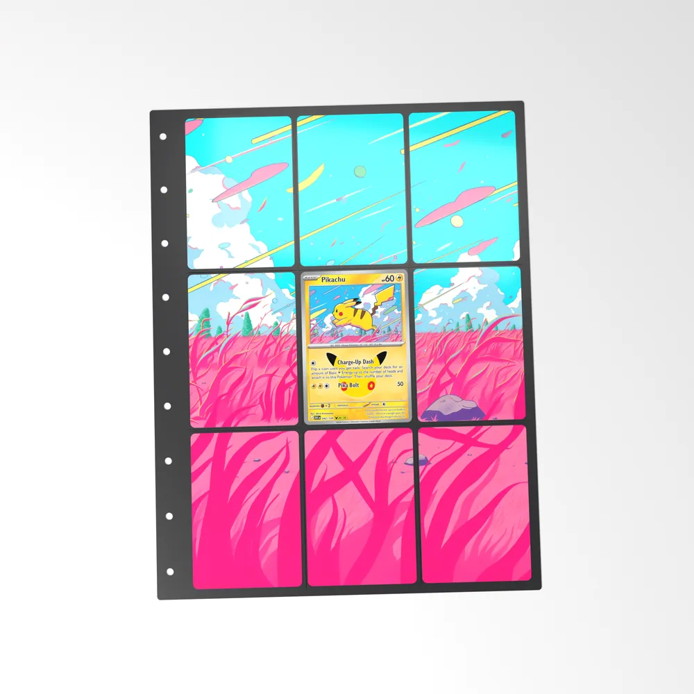 The printed Pikachu 42/128 set in a 9-pocket binder page, with the card in the centre pocket