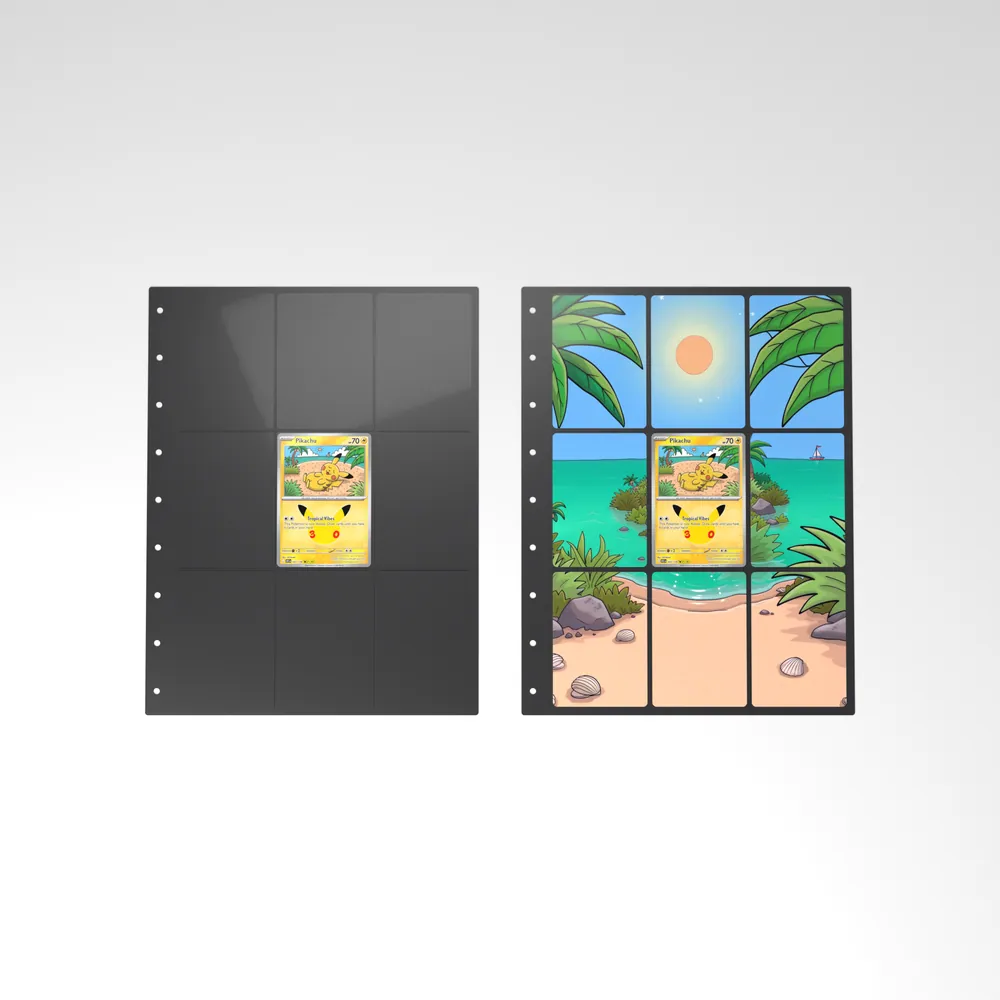 Before and after: the Pikachu card alone in an empty binder page, then surrounded by its eight extended-art cards