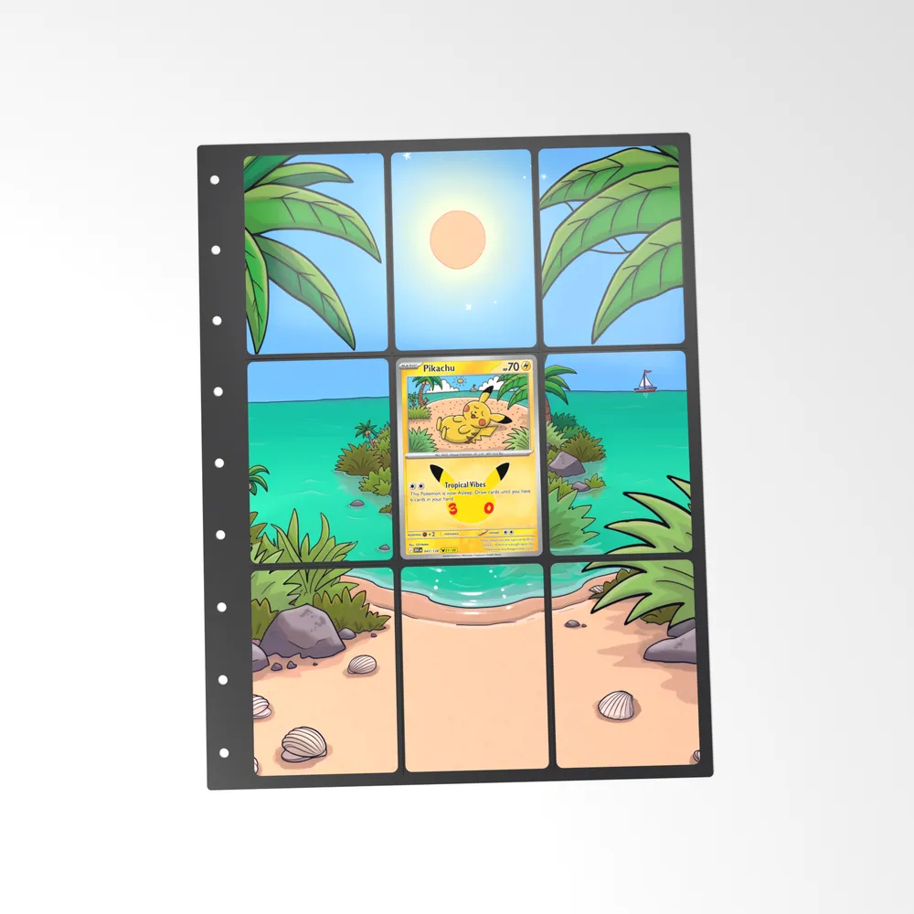 The printed Pikachu 43/128 set in a 9-pocket binder page, with the card in the centre pocket