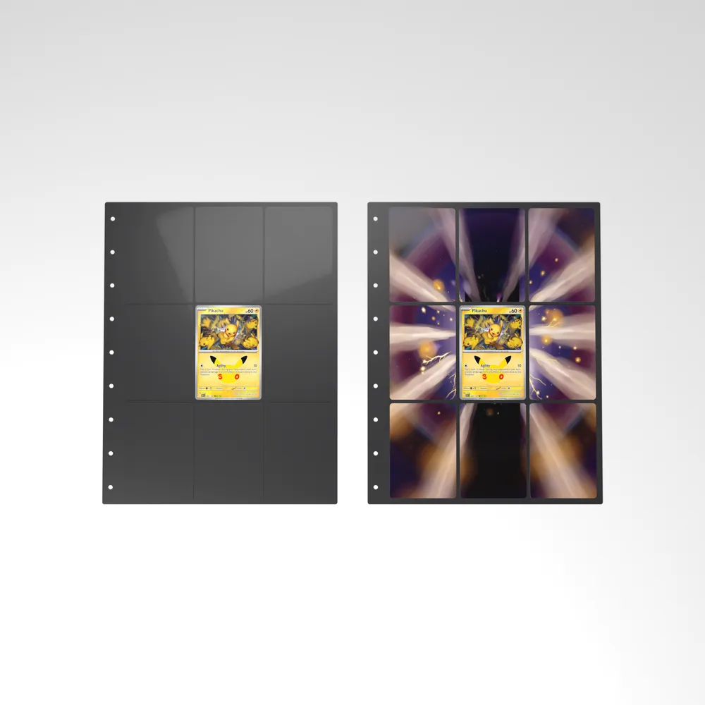 Before and after: the Pikachu card alone in an empty binder page, then surrounded by its eight extended-art cards