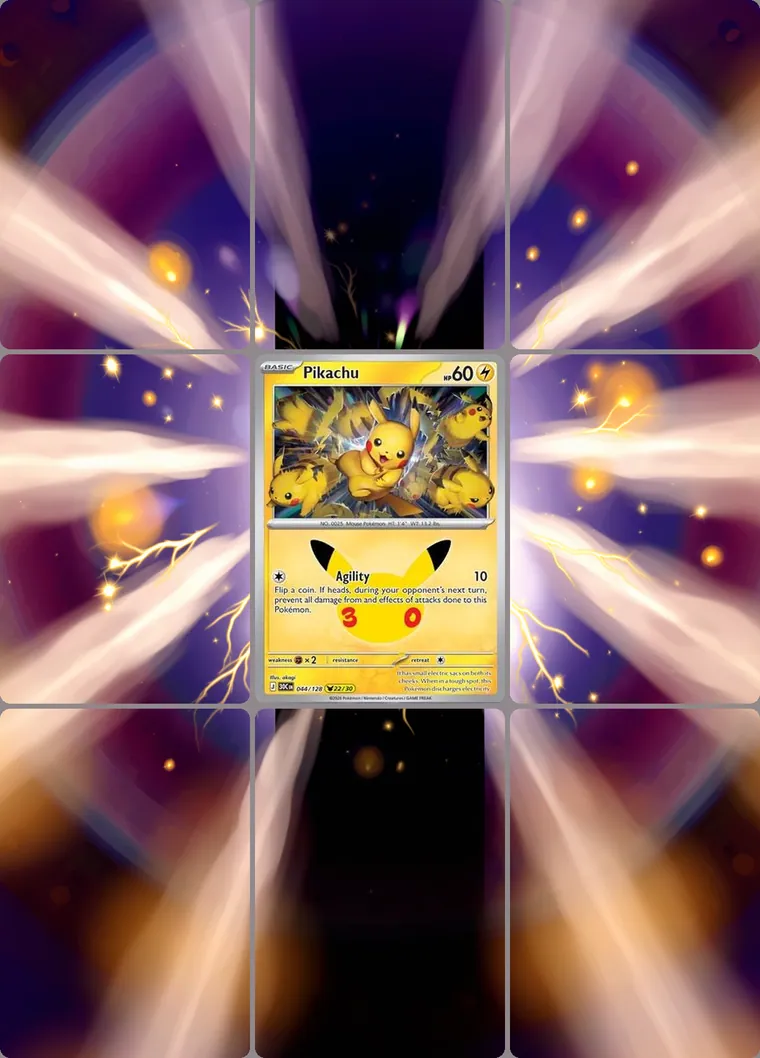 Pikachu 44/128 extended binder art: the card in the centre of a 3×3 binder page, its artwork continuing across the eight cards around it